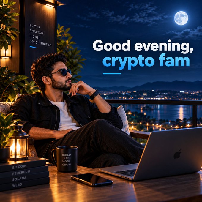 A promotional graphic showing a man in sunglasses sitting at a desk with a laptop, books titled "BITCOIN," "ETHEREUM," "SOLANA," and "WEB3," alongside the text "Good evening, crypto fam" and "BETTER ANALYSIS BIGGER OPPORTUNITIES."