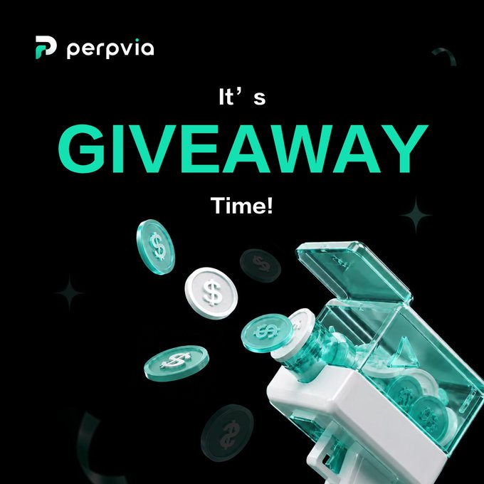 A promotional graphic with the Perpvia logo at the top and bold text reading "It's GIVEAWAY Time!" set against a black background with 3D-rendered dollar coins spilling out of a transparent teal treasure chest.