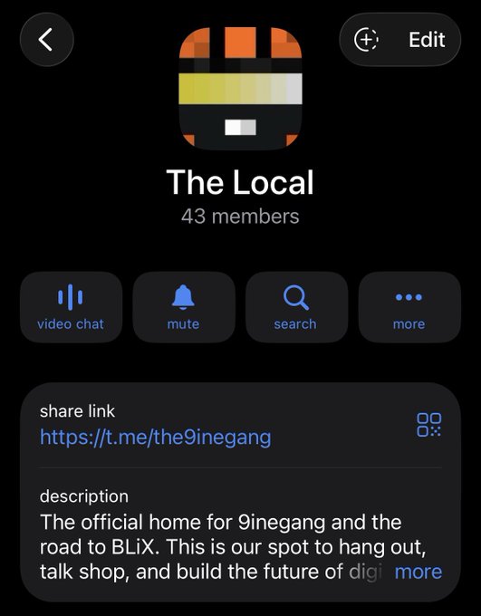 A Telegram group info screen shows "The Local" with 43 members, a share link "https://t.me/the9inegang", and a description about "9inegang and the road to BLIX".