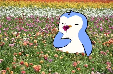 An illustration of a blue and white penguin holding a small flower, set against a field of colorful flowers.
