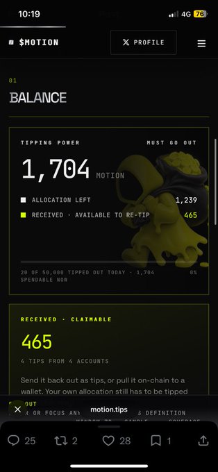 A mobile app screen for '$MOTION' showing a BALANCE of '1,704 MOTION' with '1,239' allocation left and '465' received/claimable from 4 tips from 4 accounts.