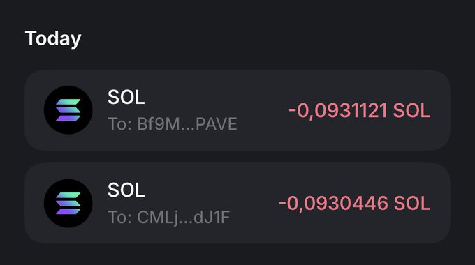 A dark-themed crypto wallet transaction history displays two negative SOL transactions for today, with amounts '-0,0931121 SOL' sent to 'Bf9M...PAVE' and '-0,0930446 SOL' sent to 'CMLJ...dJ1F'.