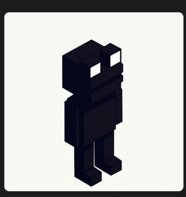 A small, blocky, voxel-style black character with white square eyes stands against a plain off-white background.