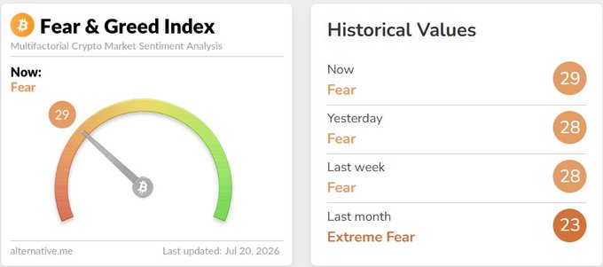 The Fear & Greed Index from alternative.me showing current sentiment of 'Fear' with a value of 29, alongside historical values showing Fear (28) for yesterday and last week, and Extreme Fear (23) for last month.