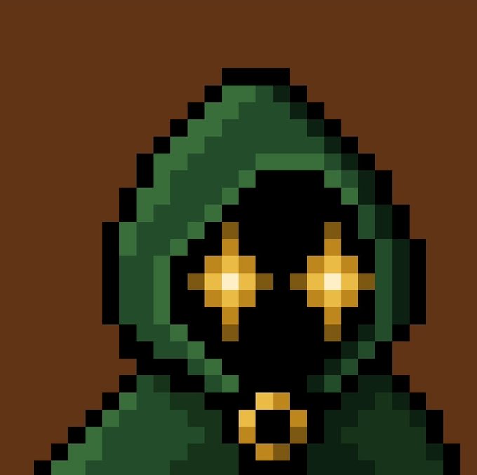 A pixel art style portrait of a hooded green figure with a black mask featuring glowing yellow eye and mouth openings, set against a brown background.