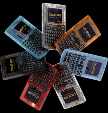 A collage of seven colorful handheld electronic devices (PDAs/calculators) branded 'COLDCARD' arranged in a circular pattern against a black background.