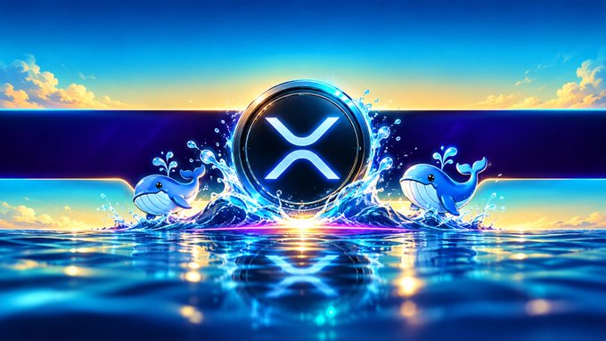 A digital illustration features a glowing XRP logo in the center, flanked by two cartoon whales jumping out of water against a vibrant sunset sky.