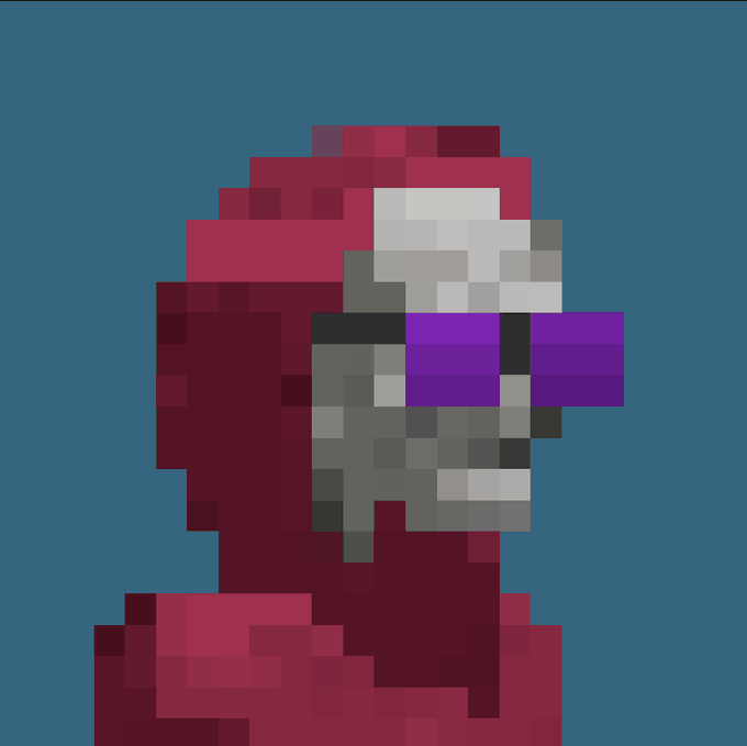 A pixelated portrait of a skeletal figure or character with a red hood or helmet, wearing purple sunglasses, against a teal background.