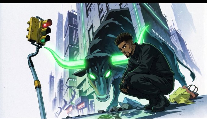 A stylized illustration of a man crouching beside a glowing neon-horned bull on a city street near a traffic light.