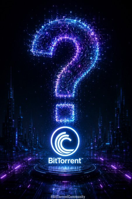 A glowing neon question mark made of digital circuitry hovers above the BitTorrent logo against a futuristic cyber-cityscape, with "#BitTorrentCommunity" displayed at the base—visually echoing the post's open-ended prompt about the ecosystem's future direction.