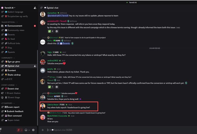 A Discord chat from TermiX AI's #global-chat channel is shown, highlighting community engagement around a "kaito airdrop" and "epoch 1 leaderboard." User Zakria Asan asks "hey when kaito epoch 1 leaderboard is going live?" while others discuss token conversion, Chinese TermiX updates, and ongoing project participation—reflecting the post's note about average community activity and unclear on-chain task details.