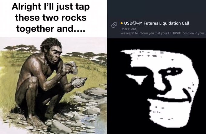 A meme showing a caveman about to strike rocks together on the left, paired with a Binance "USDⓈ-M Futures Liquidation Call" notification on the right informing the user their ETHUSDT position was liquidated. The image humorously responds to "any bears?" by implying the user was liquidated on a long ETH position—essentially becoming the "caveman" whose stone-age trading strategy backfired.