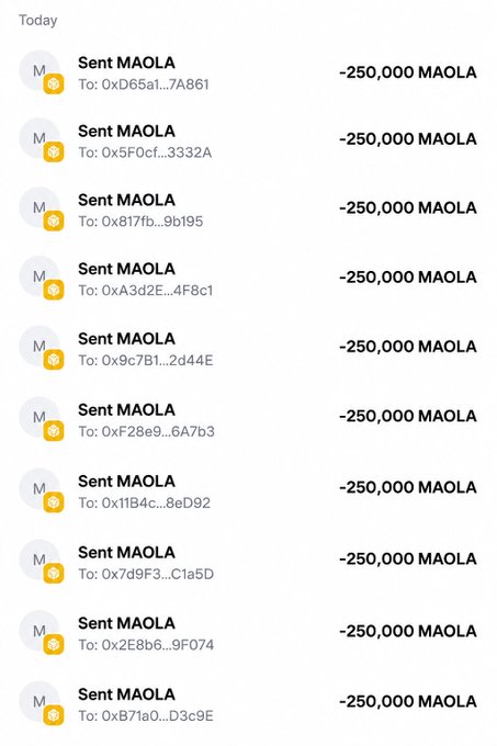 A screenshot of cryptocurrency transaction history showing multiple 'Sent MAOLA' entries, each for -250,000 MAOLA tokens sent to various wallet addresses (starting with 0x...) on 'Today'.
