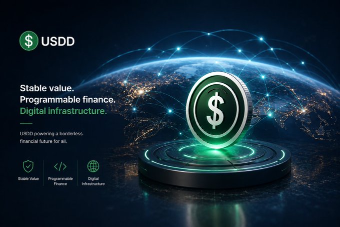 A promotional graphic for 'USDD' featuring a green coin with a dollar sign on a futuristic platform with Earth and network connections in the background, with text reading 'Stable value. Programmable finance. Digital infrastructure.'