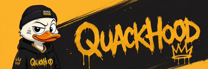 The image features a cartoon duck in a beanie and hoodie beside the word “QUACKHOOD” in dripping yellow lettering, with crown-like icons around the scene. It serves as a promotional banner for the “10 Quackhood GTD GIVEAWAY,” which offers one of 555 unique ducks arriving on Robinhood Chain.