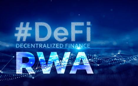 A digital graphic with a blue networked background displaying '#DeFi' in large letters above 'DECENTRALIZED FINANCE' and 'RWA' (Real World Assets) prominently featured.