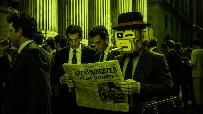 A cinematic, green-tinted street scene shows suited businessmen—including a figure with a blocky pixelated head wearing a top hat—gathered around a newspaper whose headline reads "APESYNDICATES ON 3RD SEPTEMBER," evoking the broker/syndicate theme referenced in the Ape Syndicate NFT promotional post.