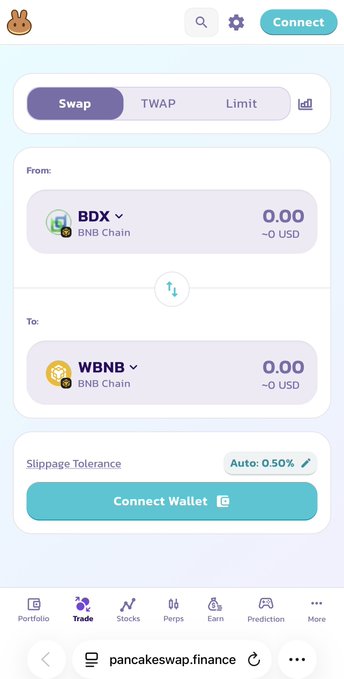 A PancakeSwap interface on Pancakeswap.finance showing a swap function from BDX to WBNB on BNB Chain with no wallet connected.