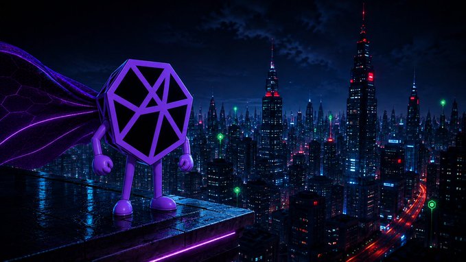 A purple geometric character with a flowing cape stands on a rooftop overlooking a neon-lit futuristic cityscape at night, evoking the "launching next" theme of the post about upcoming projects on poolz.finance.