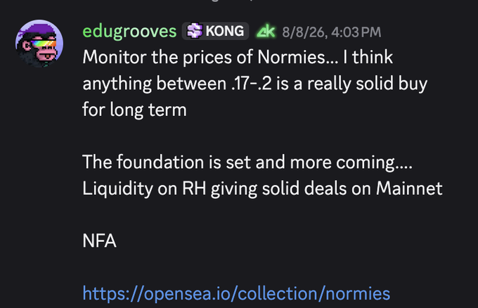 A Discord message from user 'edugrooves' advising to monitor Normies NFT prices, suggesting buys between .17-.2 ETH as a solid long-term investment, with a link to the OpenSea collection.