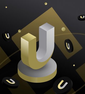 A 3D illustration displays a gold and silver 'U' shaped object on a circular pedestal, surrounded by floating black oval icons containing the letter 'U' against a dark background.