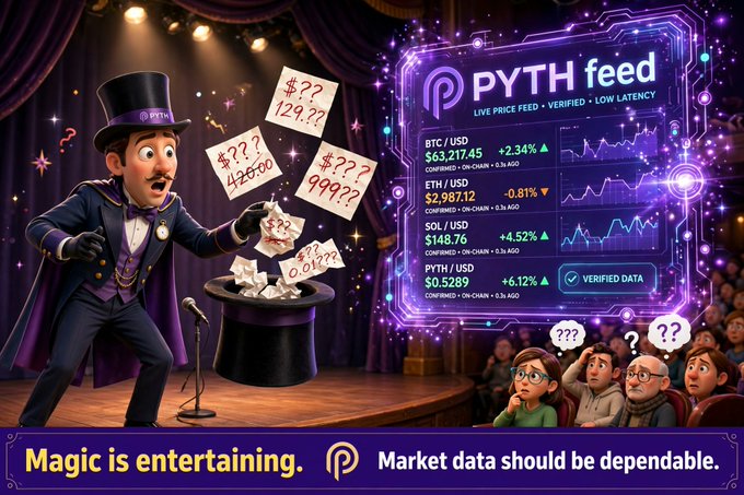 An advertisement for Pyth Network featuring a magician pulling price tags from a hat, with the tagline 'Magic is entertaining. Market data should be dependable.' and a feed showing BTC/USD, ETH/USD, SOL/USD, and PYTH/USD prices.