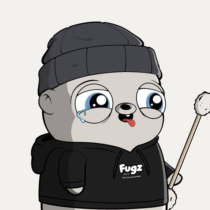 Cartoon seal mascot wearing a black 'Fugz' beanie and hoodie, crying with tongue out while holding a stick.