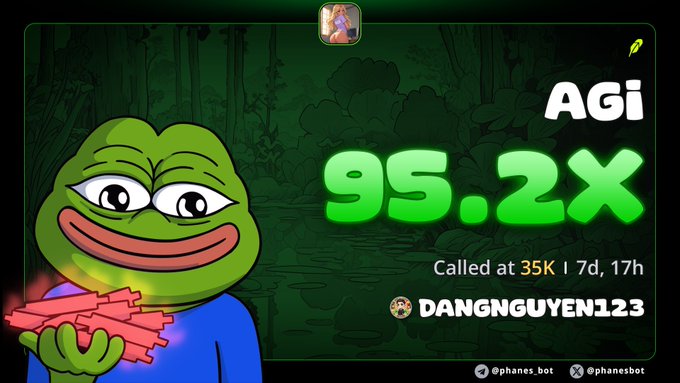 A promotional graphic featuring the Pepe meme holding red cash bundles next to text reading 'AGi 95.2X Called at 35K | 7d, 17h DANGNGUYEN123' with social handles @phanes_bot.