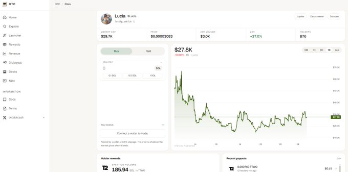 A cryptocurrency trading interface for OTC showing the Lucla token with a market cap of $29.7K, price of $0.000000363, and 24h volume of $3.0K.