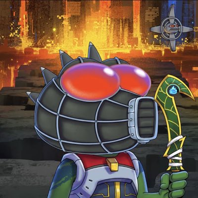 The image features a cartoon character with a large head, wearing a helmet that has red eyes and spikes protruding from its top. The character appears to be holding a sword or a gun, depending on the angle of the shot. The background is dark and filled with smoke, giving it an ominous atmosphere. The post includes text that reads "Got this rare from @PepeExplorers thx for ur great job @TrystanNFT". This suggests that someone has created a digital illustration of the cartoon character as part of a project or collaboration between multiple artists.