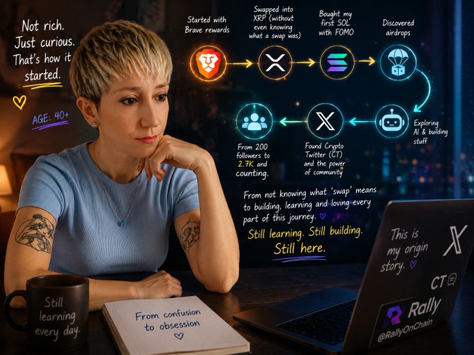 A woman with short blond hair sitting at a desk using an open laptop computer in a dark room. In front of her is a piece of paper with writing about crypto exchanges, transactions or investments related to bitcoin. A cup sits next to her on the table, and there are other objects such as books, mice, keyboards, and a mouse around her workspace suggesting she might be involved in some sort of digital work or activity related to computer technology. The woman is typing on her keyboard while looking down at her paper, focused on the information it contains.