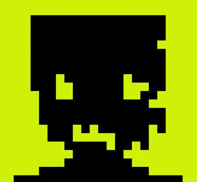 A pixel art skull face in black against a bright yellow-green background.
