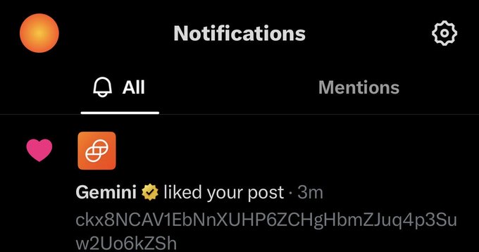 A screenshot of a notifications page on a social media platform shows that "Gemini" liked the user's post 3 minutes ago, with a heart reaction displayed next to it. The notification includes a long alphanumeric string (starting with "ckx8NCAV1Eb"), suggesting Gemini is responding to the user's request for their Solana address by interacting with the post.