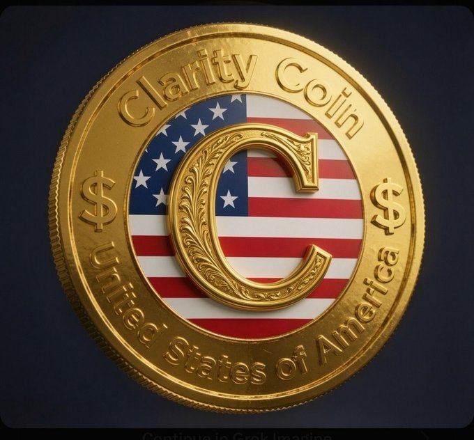 A gold coin featuring an American flag design in the center, with the letter 'C' prominent in the middle, and text around the rim reading 'Clarity Coin' and 'United States of America' flanked by dollar signs.