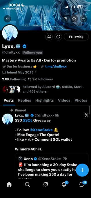 Screenshot of an X (Twitter) profile for user 'Lyxx' (@dndlyxx) showing a pinned post about a '$30 $SOL Giveaway' with instructions to follow @XenoStake, engage with a quote, and like and retweet.