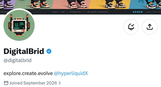 A Twitter/X profile for DigitalBrid (@digitalbrid) featuring a pixel-art robot avatar with the tagline 'explore.create.evolve @hyperliquidX', joined September 2026.