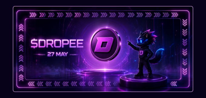 The image features a purple background with a cartoon character standing next to a dollar sign, which has been edited to say "DROPEE" instead of "dollars." The text below the image reads "DROPEE $DROPEE TGE. At this point, the thesis is not one single angle anymore. It's the convergence of everything". The post also mentions that there are 1B users on Telegram and a distribution fee of 0.05.