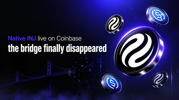 The image features Injective (INJ) crypto coins floating against a dark blue background with a faint bridge silhouette, accompanied by text announcing "Native INJ live on Coinbase" and "the bridge finally disappeared."

The caption highlights the removal of the old ERC-20 bridge, visually represented by the disappearing bridge graphic, signaling that users can now transfer native INJ directly from Coinbase to the Injective network without bridging friction.