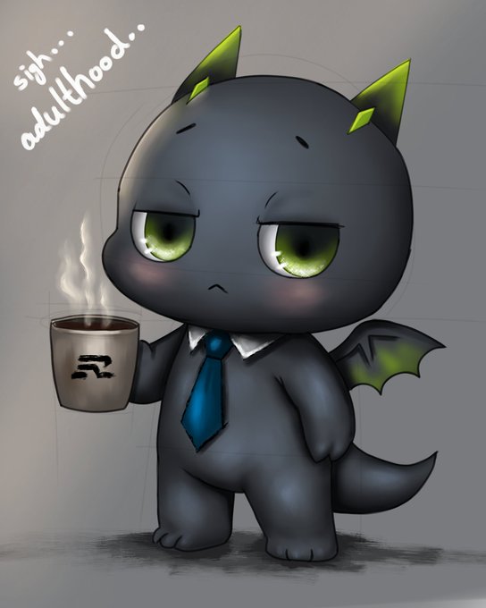 A chibi-style black dragon character in a suit and tie holds a steaming mug of coffee, accompanied by the text 'sigh... adulthood...'.