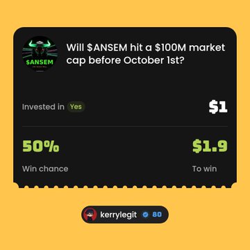 A prediction market interface with a yellow background showing the question 'Will $ANSEM hit a $100M market cap before October 1st?' with a 50% win chance and a 'To win' value of $1.9.