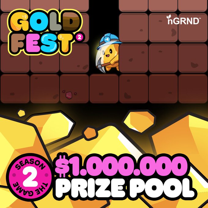 Promotional graphic for "Gold Fest 2" featuring a miner mascot digging through brown blocks with golden nuggets below, highlighting a $1,000,000 prize pool from Season 2 in partnership with nGRND.