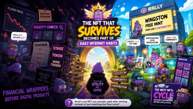 A vibrant promotional illustration for Wingston NFT with purple characters, highlighting 'THE NFT THAT SURVIVES BECOMES PART OF DAILY INTERNET HABITS' with sections on utility, community, and contribution.