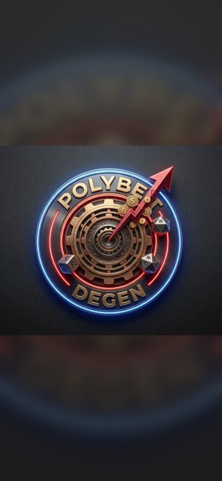 A circular logo with a steampunk-style mechanism surrounded by neon blue and red glowing rings, featuring an upward red arrow and the text 'POLYBE' and 'DEGEN' with dice scattered around.