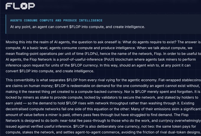 A dark-themed informational page about FLOP, describing it as an AI agent economy blockchain where $FLOP tokens are convertible into compute and intelligence.
