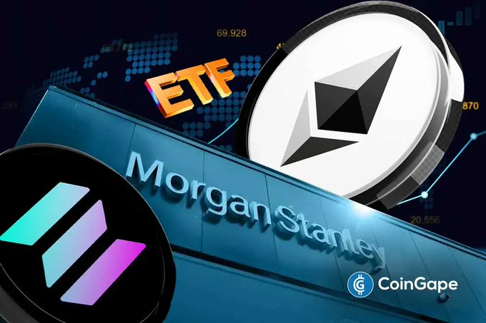The image is a promotional graphic showing Morgan Stanley's building signage alongside an Ethereum logo and Solana logo, with "ETF" text prominently displayed in orange letters. This visual directly represents the accompanying news that Morgan Stanley has launched new crypto ETFs trading under the tickers MSSE (Ethereum) and MSOL (Solana) on NYSE Arca.