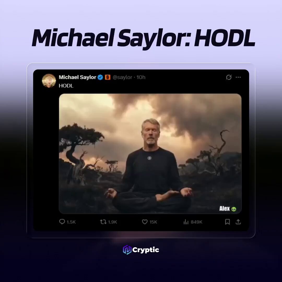 The image features a man sitting cross-legged with his hands folded, appearing to be meditating or practicing yoga. The caption below the photo reads "Michael @saylor says HODL," which suggests that Michael might have made a statement about cryptocurrency on social media.