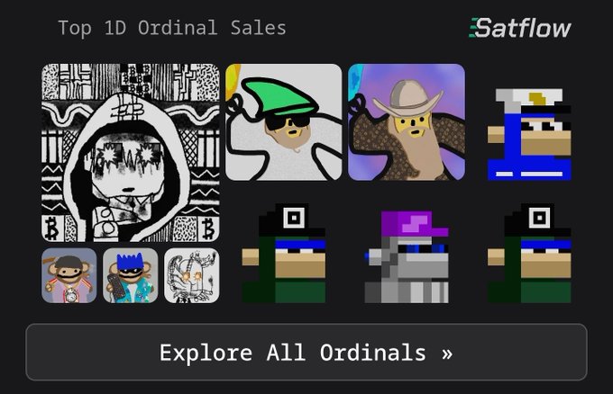 A digital interface titled 'Top 1D Ordinal Sales' displays a grid of various NFT images, including pixel art characters and abstract designs, from Satflow.
