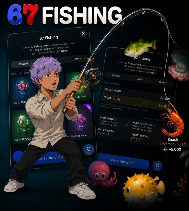 Anime-style illustration of a purple-haired character holding a fishing rod, promoting a '67 FISHING' event with rewards like buckets of flowers and 'Pepe', alongside fish and shrimp icons and a 'Start Fishing' button.