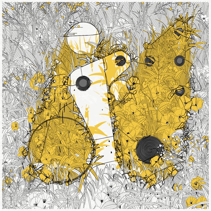 A stylized illustration featuring a figure with a white head and yellow body emerging from a detailed pencil-drawn forest background, with abstract circular and spiral shapes.