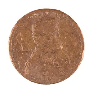 A worn, copper-colored coin with faint engraved details of a figure and the number '4' is shown against a white background.